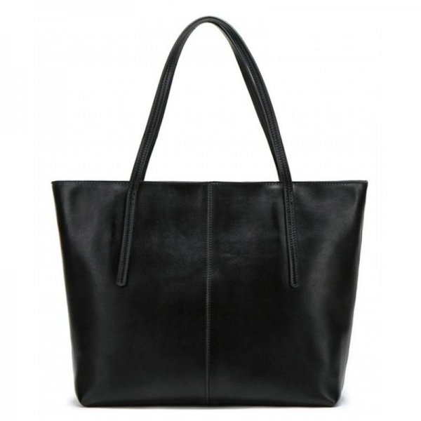 LARGE LEATHER SHOULDER BAG WORK TOTE WITH ZIPPERS - BLACK